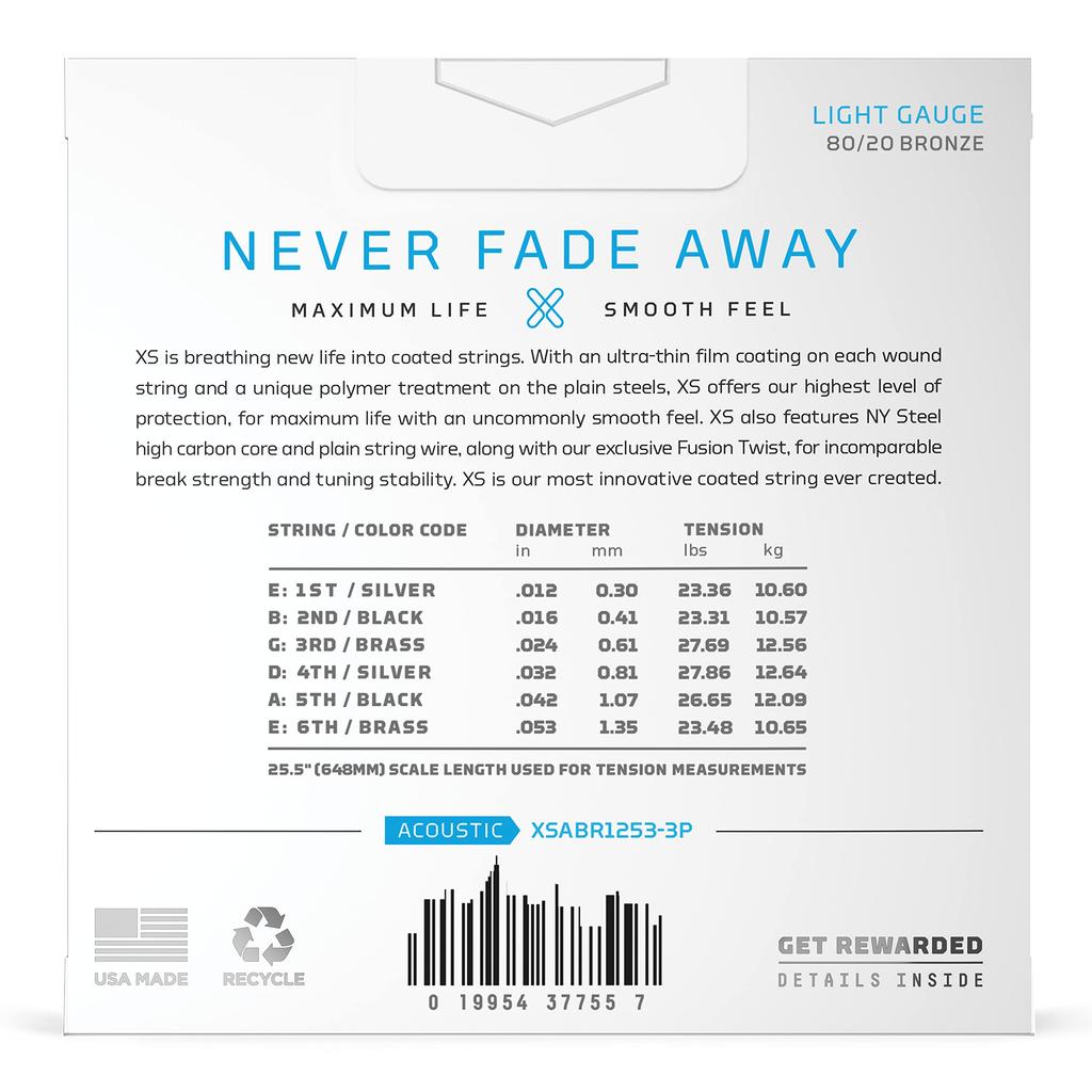 Acoustic Guitar Strings XS Coated Strings Bronze Light 3set Pack D'Addario 80/20 .012-.053 XSABR1253-3P []