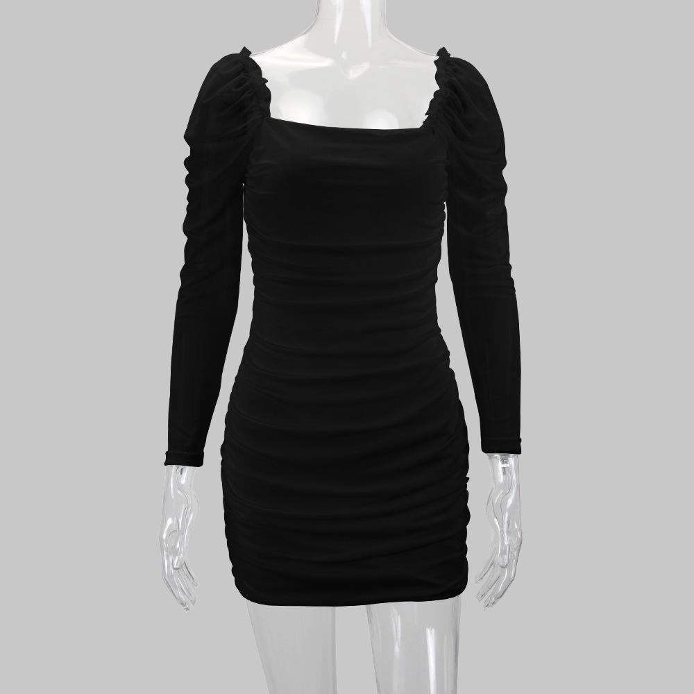 Spring/Summer 2025 Women's European/American Bodycon Dress - Sexy Square Neck, Mesh Long Sleeves