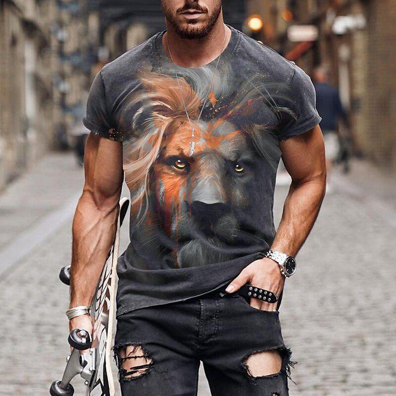 T-shirt Homme Imprimé Lion Lumineux 3D Décontracté Manches Courtes Col Rond Tissu Polyester Respirant Style Été