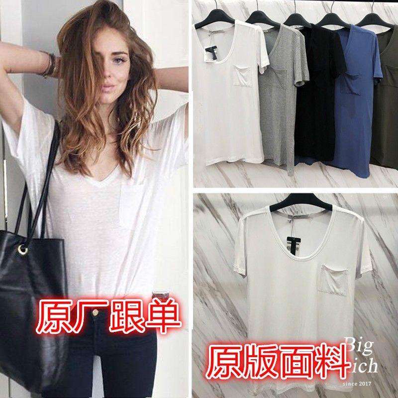 

Модальная футболка с коротким рукавом, большим V-образным вырезом, карманом, в стиле BF, для ношения под низ White XS