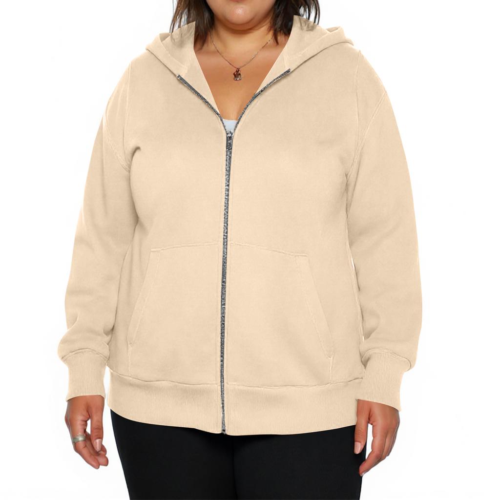 Dámská módní ležérní plus size bunda s dlouhým rukávem na zip jednobarevná s kapucí