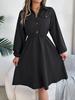 Casual Lace Up Waist Long Sleeve Solid A Line Shirt Dress For Women