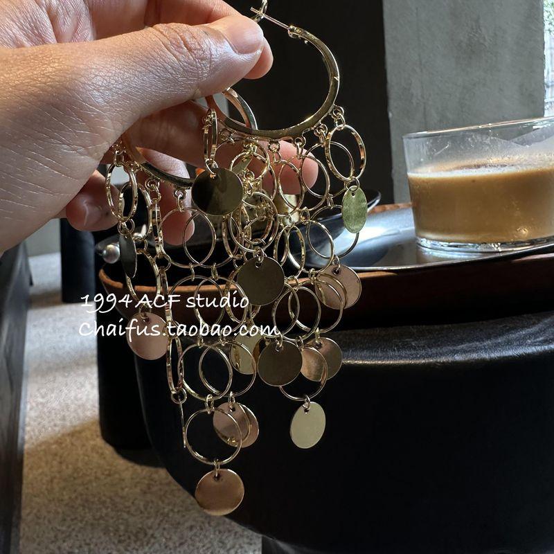 

Chai Fu Studio/R138 Fashion Exaggerated Metal Wafer Tassel Earrings Stylish Fashion Retro Geometric Earrings Gold Pair