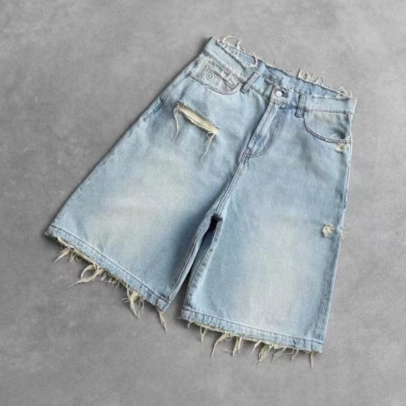 

FlowStreet Washed Ripped Short Jeans Women and Man Hole Embroidery Wide Leg American Retro Jorts Baggy Casual Streetwear Summer S синий