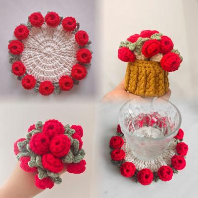 Handmade Crochet Rose Coaster Flower Bouquet Knitted Coasters Floral Cup Mat Bouquet Gift Coffee Table Decor