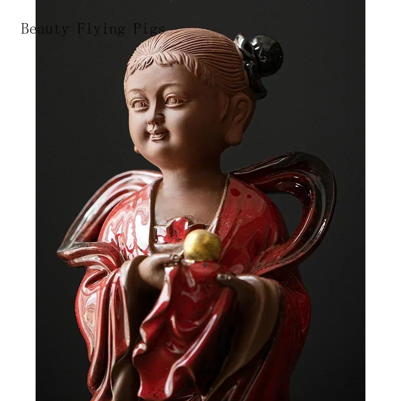 2PCS Ceramic Golden Boy and Jade Girl Ornament Traditional Chinese Feng Shui Lucky Crafts Living Room Accessories Gifts