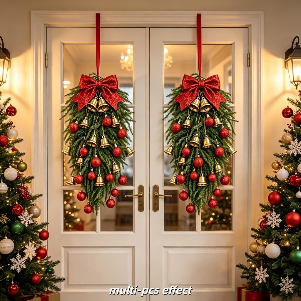 14Pcs Luxury Set - Christmas Artificial Norfolk Pine, Golden Bells, And Shiny Christmas Balls DIY Combination, Classic Red And Gold Color Scheme