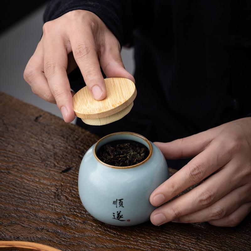Tea Canister Ceramic Small Tianqing Ru Kiln Crackle Sealed Household Tea Storage Canister Pu'er Tea Green Tea Packaging Canister