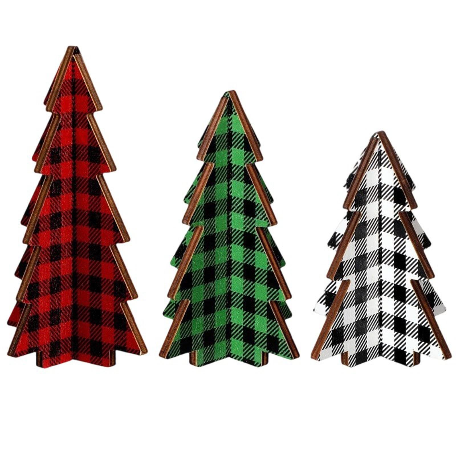 

3 Pieces Christmas Decor Plaid Christmas Tree Decorations Set Of, 3D Wooden Tabletop Trees, 5.5 Inch Height, Holiday Home Decor (Plaid Style) One Size
