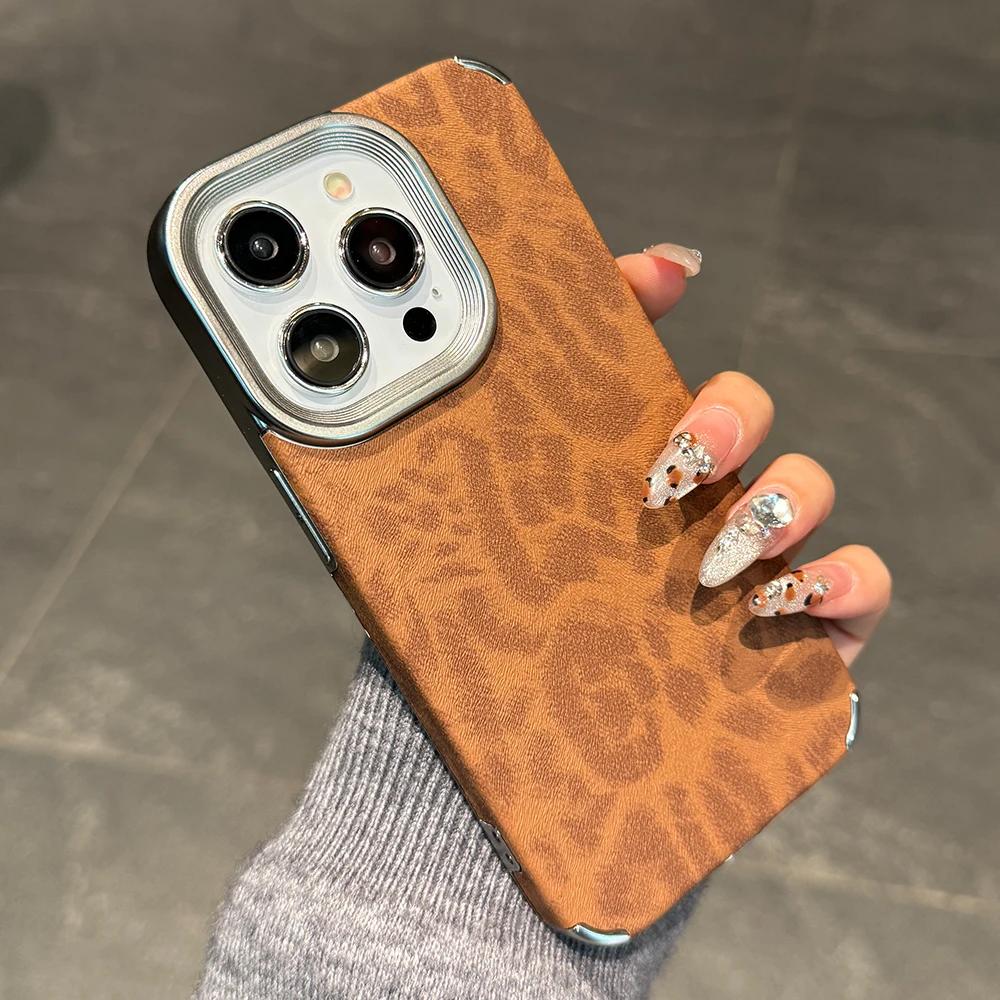 Titanium Gray Leopard Print Pattern Leather Phone Case for iPhone 16 15 14 13 12 11 Pro Max Full Shockproof Hard Bumper Cover
