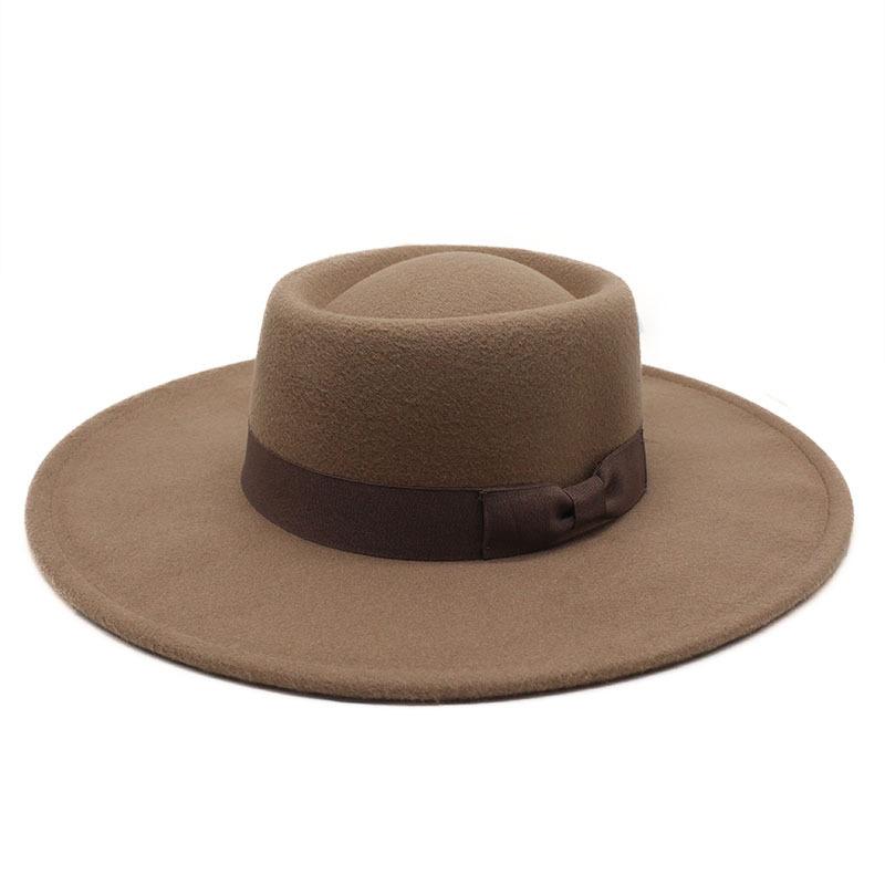Herbst und Winter Britischer konkav geformter Hut mit breiter Krempe Jazzhut für Herren und Damen Mode Lässig Schleife Flache Kante Zylinder Imitation Wollfilzhut