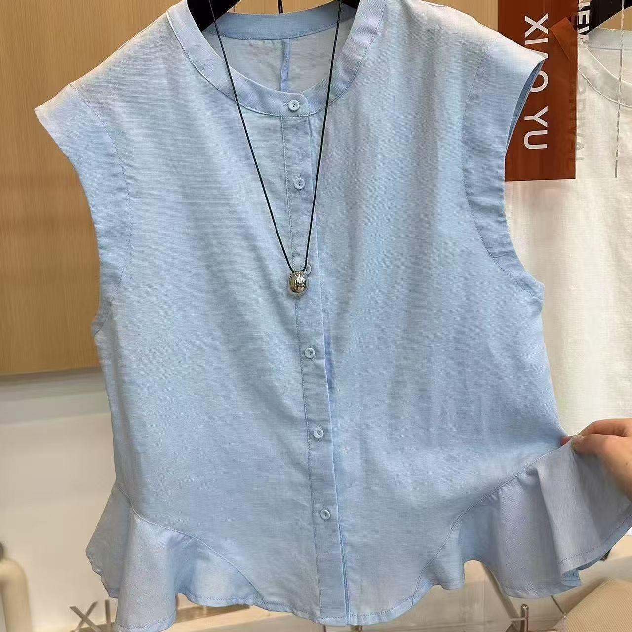 

Summer Thin Casual Comfortable Spliced Yellow Sky-blue Linen and Cotton Women s Large Size Sleeveless Peplum Hem Shirt 3XL синій