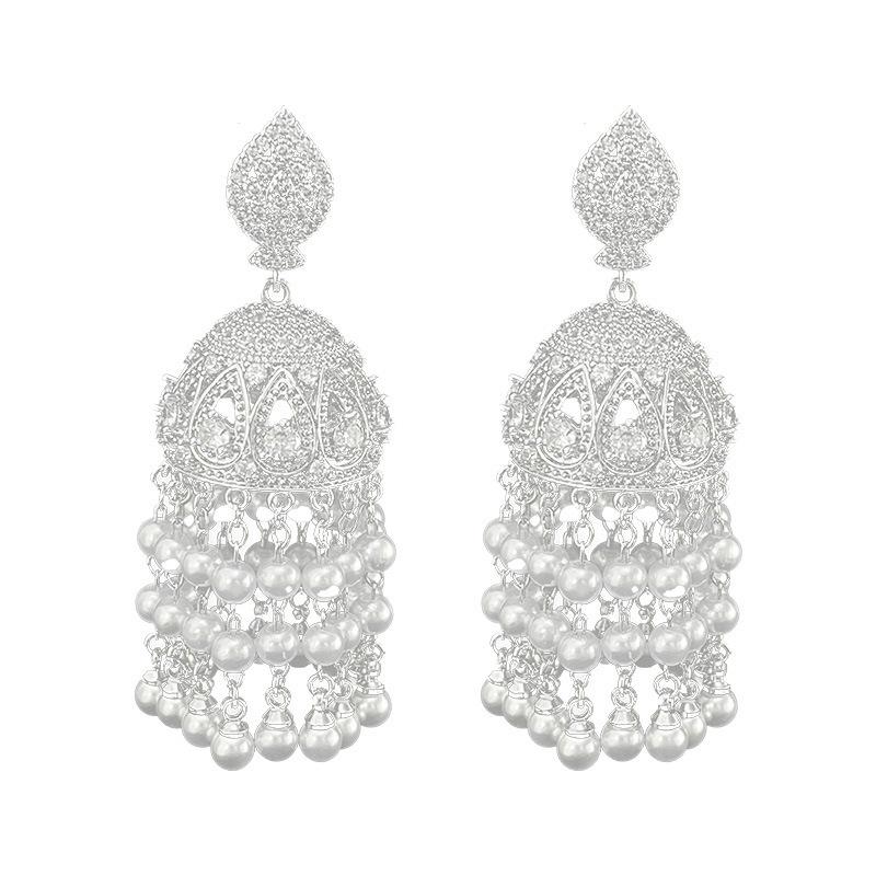 Vintage Ethnic Tassel Earrings with Birdcage and Pearl Accents