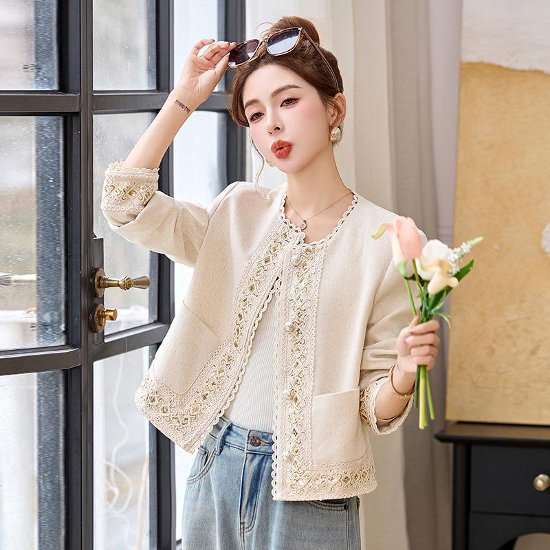 2025 Spring Women's Chinese Style Embroidered Beaded Jacket - Small, Loose, Slimming Fit