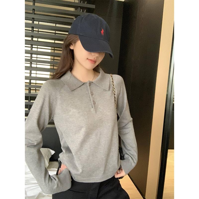 

Autumn and winter casual versatile polo collar front shoulder loose top design button knitted sweater long sleeve women s sweater L серый