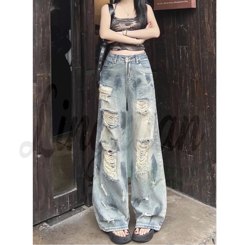 Women s Retro High-Waisted Ripped Wide-Leg Jeans - Summer Thin & Distressed Floor-Length Large