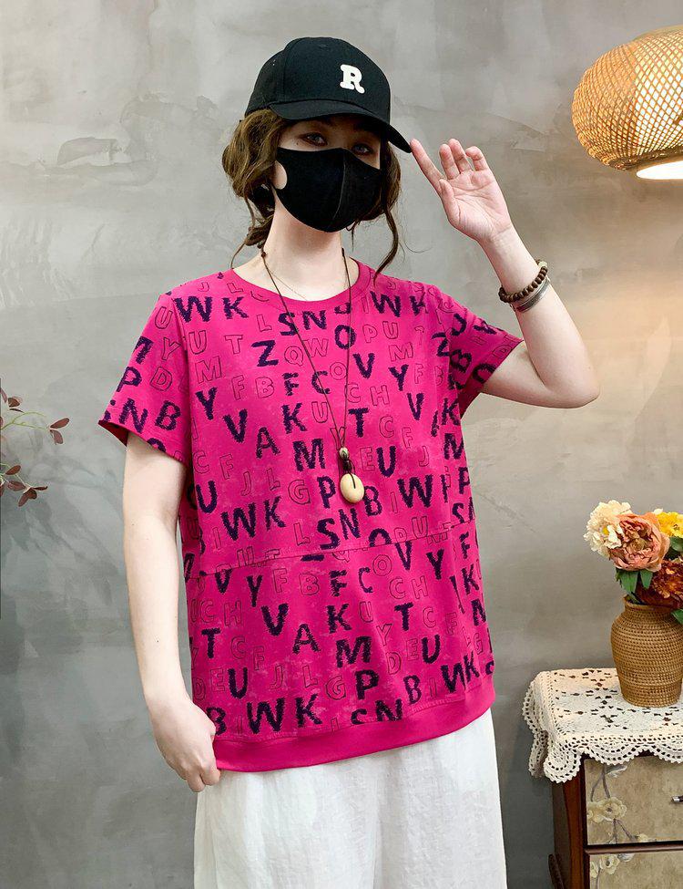 

2026 Summer Fashion Round Neck Printed Loose Slimming Short Sleeve T-shirt 2XL (105-120 jin) рожевий червоний колір