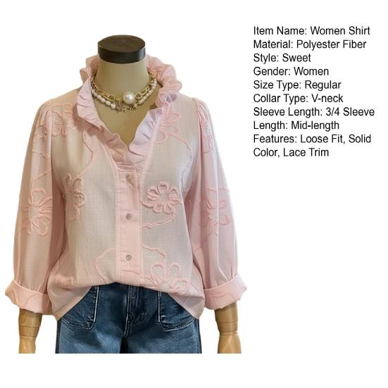 Women Shirt V-Neck Lace Trim Long Sleeve Pullover Tops Pure Color Embroidery Flower Pattern