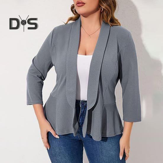 Plus Size Women Suit Coat Lapel Long Sleeve Ruffle Hem Open Front Suit Jacket Solid Color Versatile Business Outerwear
