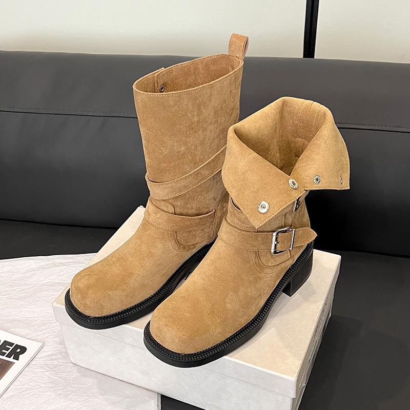 Sheepskin version~ stacking boots new versatile thick-soled heightening autumn Maillard short boots thick heel belt buckle Martin boots