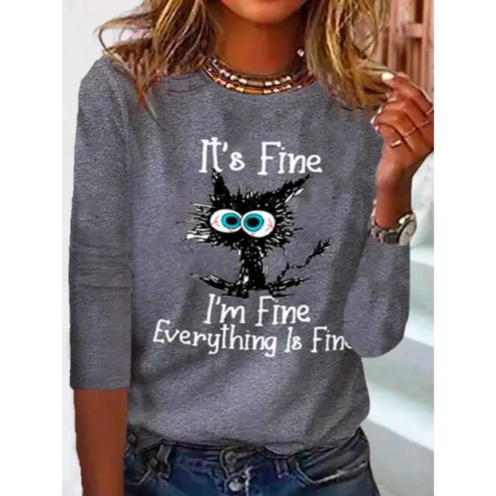 Okrągły dekolt 3D nadruk zabawny kot wzór top modny casual długi rękaw damskie koszulki