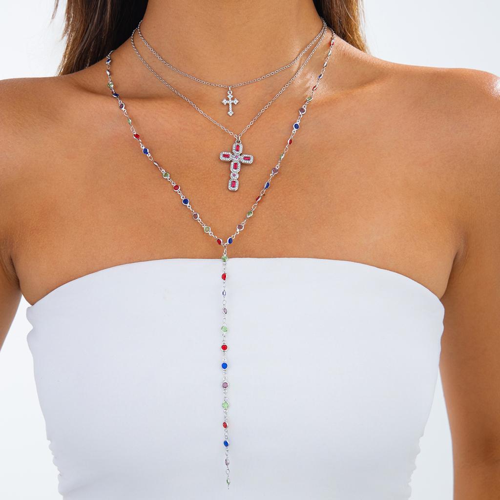 European and American Sense Y-shaped Fringed Necklace Women, Creative Color Double-layer Cross Pendant Collarbone Chain Necklace