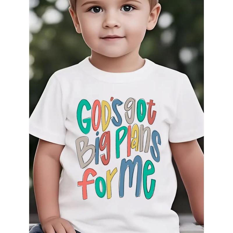 European Size Boys Round Neck Short Sleeved T Shirt with English Print GODS GOT BIG PLANS for ME