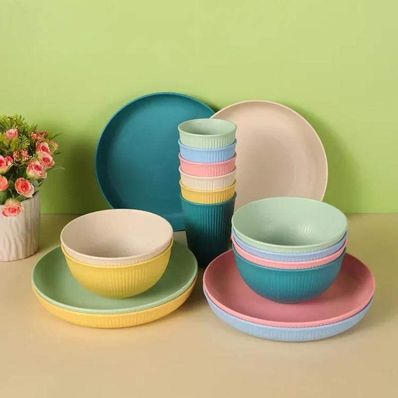 Reusable wheat straw tray bowl cup set, anti drop, easy to store, dishwasher and microwave, suitable for home, camping, school