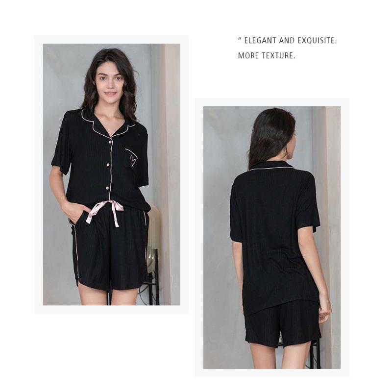 Ladies Summer Cool Feeling Short Sleeve Loungewear Shorts Set Love Pocket Solid Colour Stripe Modal Cotton Pajama Set