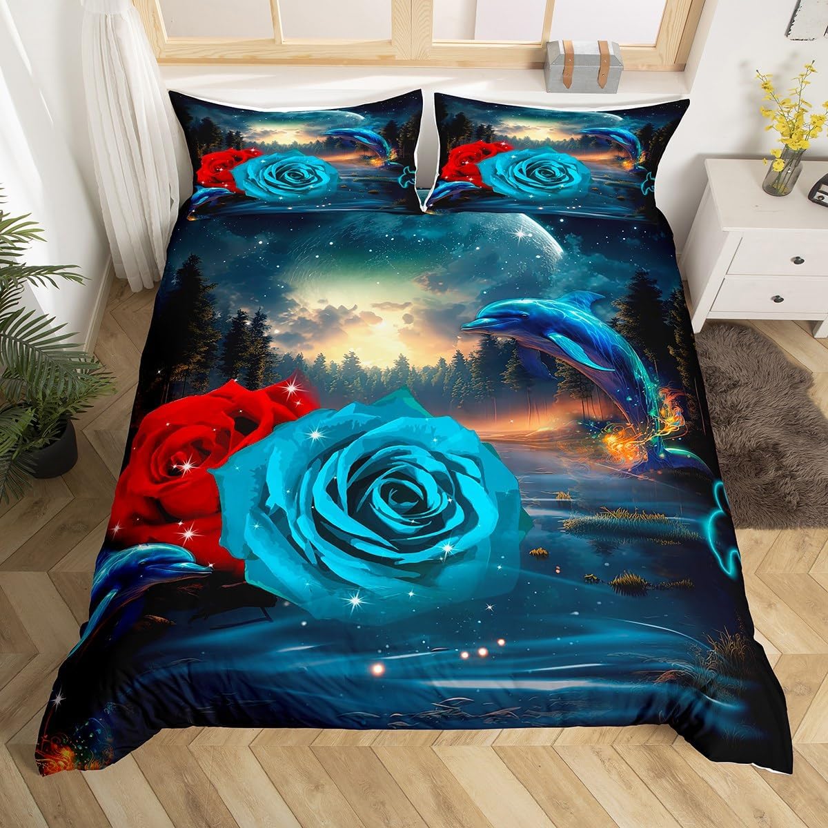 Jessica Chen Unisex Rose Floral Bedding Set Full Romantic Themed Duvet Cover Cute Cartoon Dolphin Print Comforter Cover For Girls Women Couple Room