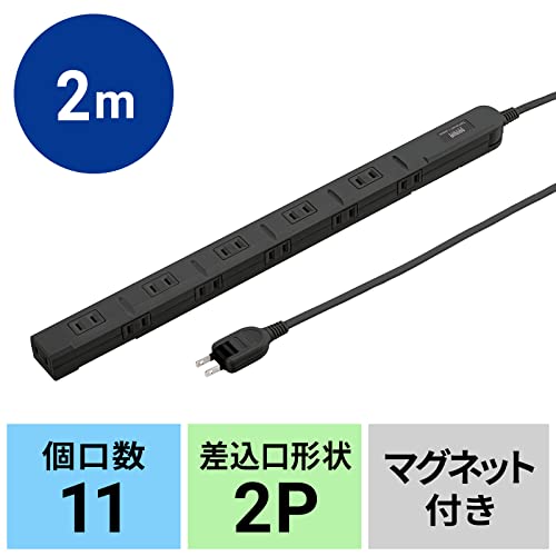 Sanwa Supply Power Strip, 11 Outlets, 2P, 2m, Slim, 180° Flexible Cord, Powerful Neo Magnet, Dust Shutter, Fixing Hook, Black, TAP-SLIM11-2BK