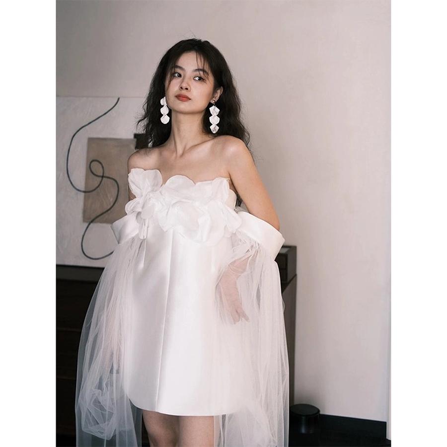 Luxury French Evening Gown for Women - Bride Wedding Mini Dress White Cami for Engagement Ceremony & Wedding Registration