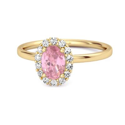 Anel de Noivado Feminino Solitário de Zircônia Cúbica Rosa com Acentos Halo - Prata de Lei 925 Vermeil de Ouro