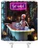 Lustiger Gothic Schädel Duschvorhang Halloween Gruseliger Schädel Skelett in Badewanne Grüne Pflanze Gruselig Kreativer Stoff Badezimmerdeko