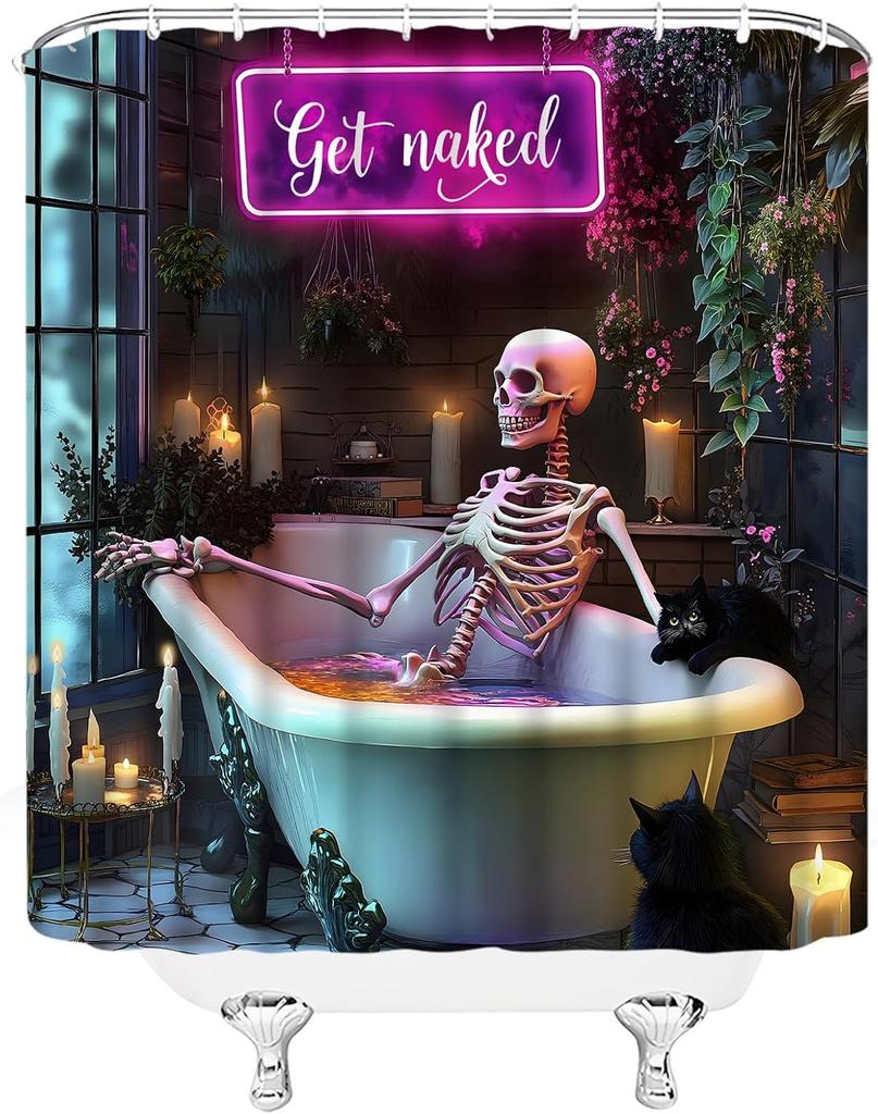 Lustiger Gothic Schädel Duschvorhang Halloween Gruseliger Schädel Skelett in Badewanne Grüne Pflanze Gruselig Kreativer Stoff Badezimmerdeko