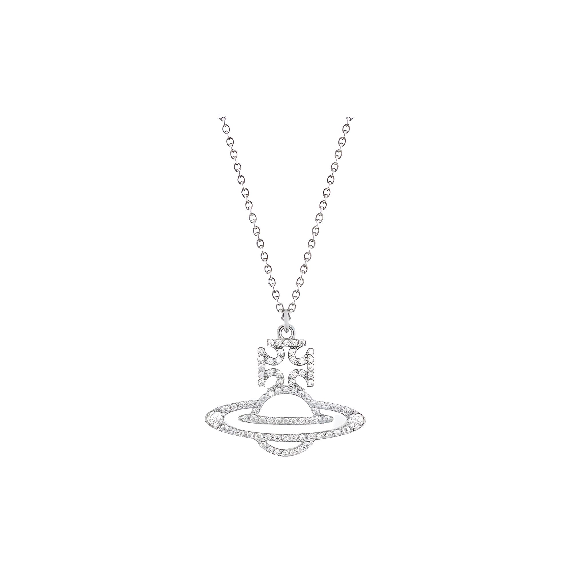 Vivienne Westwood Trudy Eco-Friendly Recycled Planet Series Silver Hollow Water Drill Saturn Pendant Necklace Women necklace 630203BC01P102SM F,Silver White