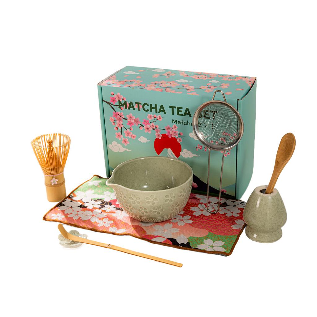 Japanese Matcha Tea Set With Cherry Blossom Pattern, Bamboo Whisk, Ceramic Matcha Bowl, Matcha Making Kit, Tea Utensils Set Gift