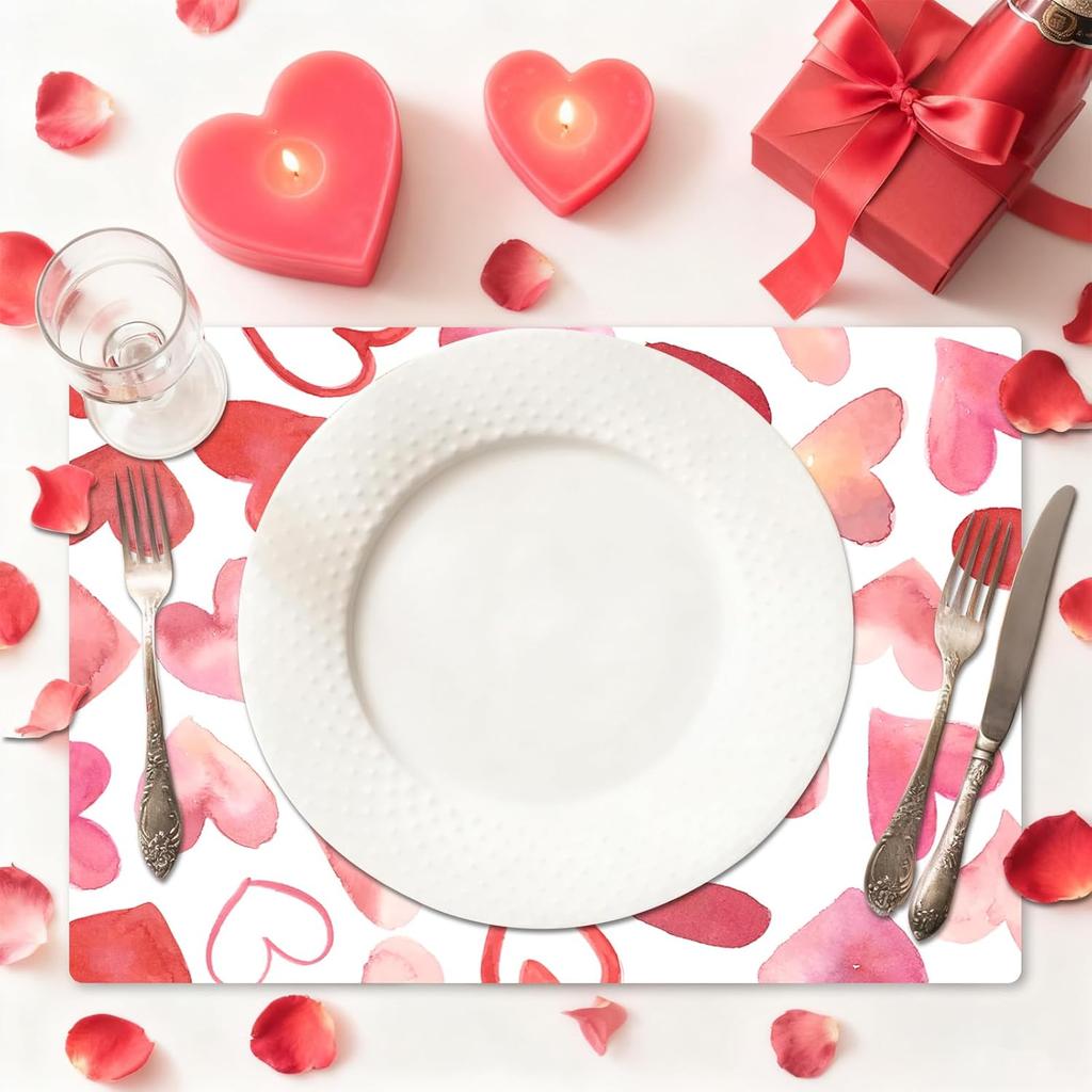 Tarklanda Pink Love Hearts Placemats Set of 6, 11 x 15.7 Inch Washable Vinyl Table Mats Valentine Holiday Plastic Placemats for Anniversary Wedding