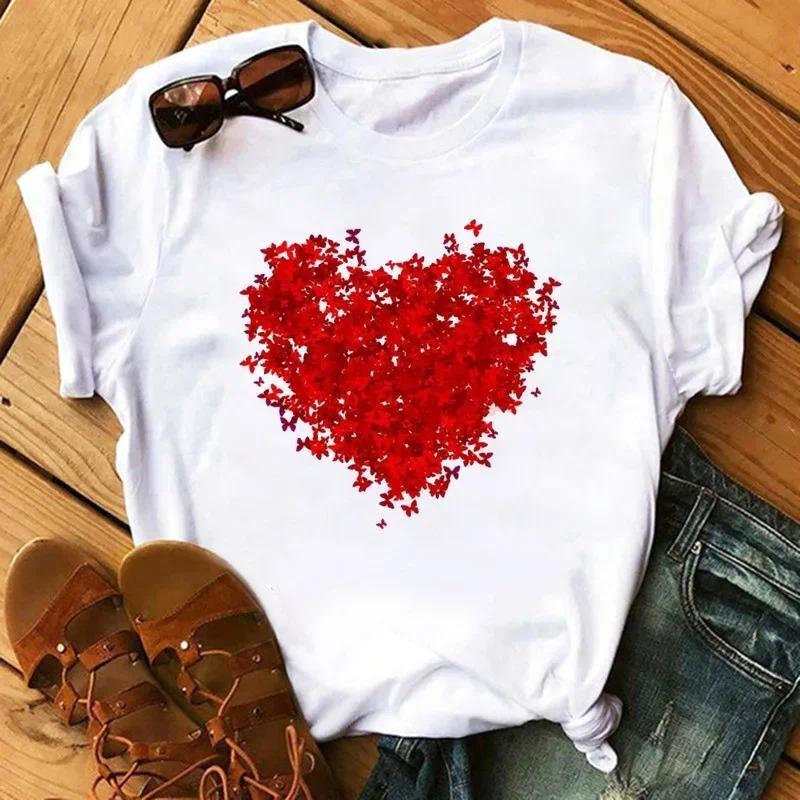 T-shirt Women Neck T-shirt Women T Shirt Love Flower Half Sleeve Cartoon White Letter Aesthetic Clothes