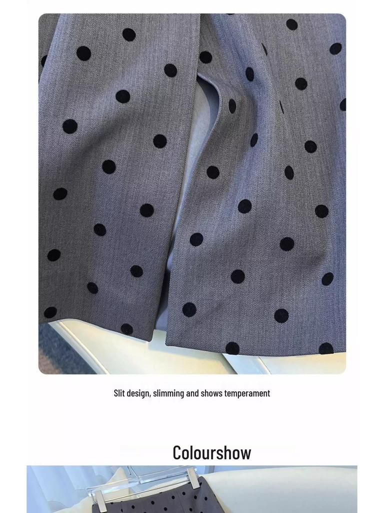 Damen-Polka-Dot-Rock mit hohem Bund und schmaler Passform - Frühling & Herbst 2025, Französische Eleganz, Hüftbetont, Halblang mit Schlitz