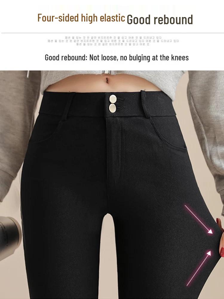 Women's High-Waisted Fleece-Lined Skinny Pants - Black, Non-Pilling, Slimming, Elastic Outerwear, Spring/Autumn Style.