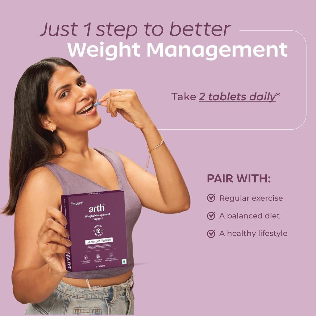 Emcure Arth Weight Management Supplement 1500 mg L-Carnitine Tartrate 30 Veg Tablets for Men and Women