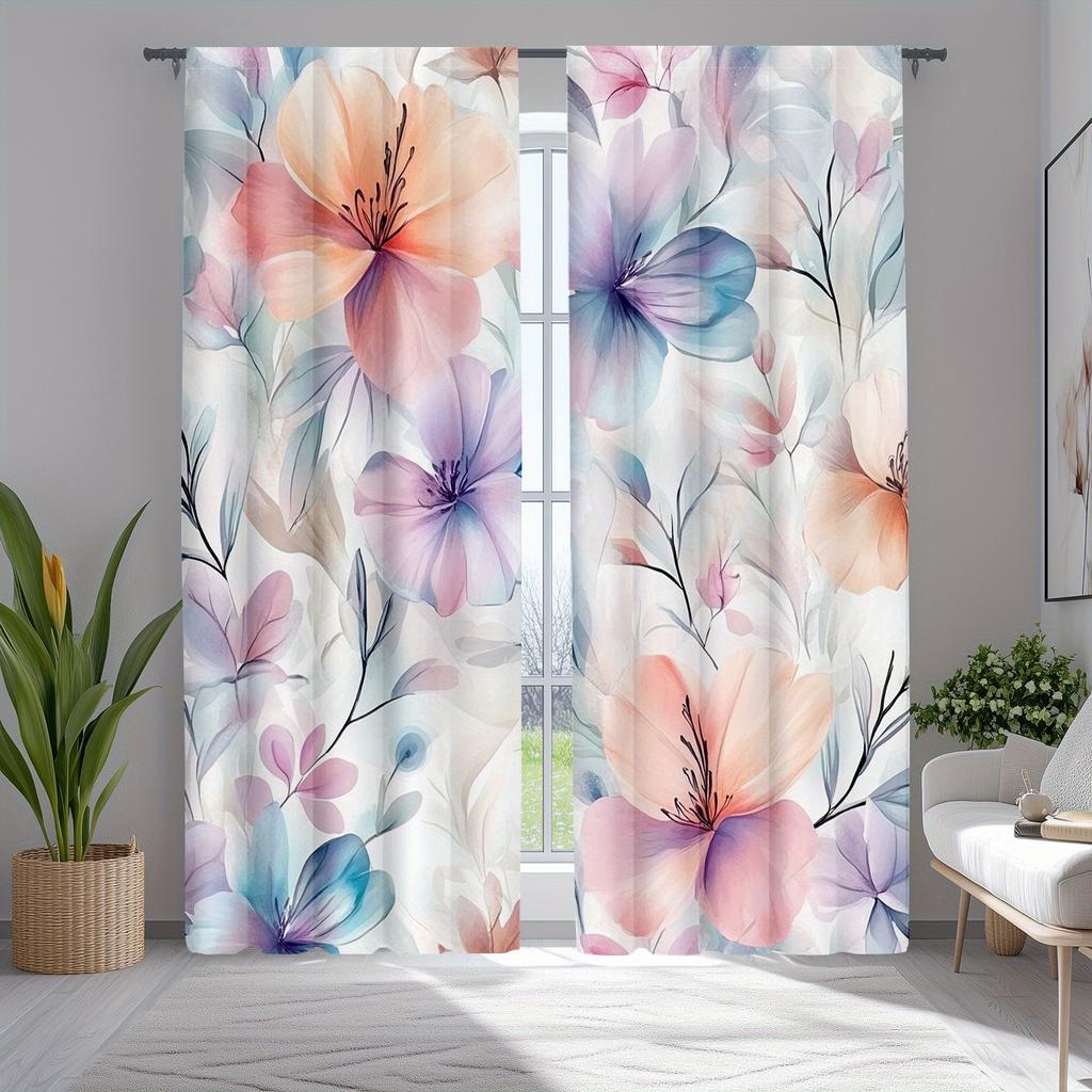 2pc Watercolor floral print curtains, polyester fabric, machine washable, suitable for bedroom and living room decoration