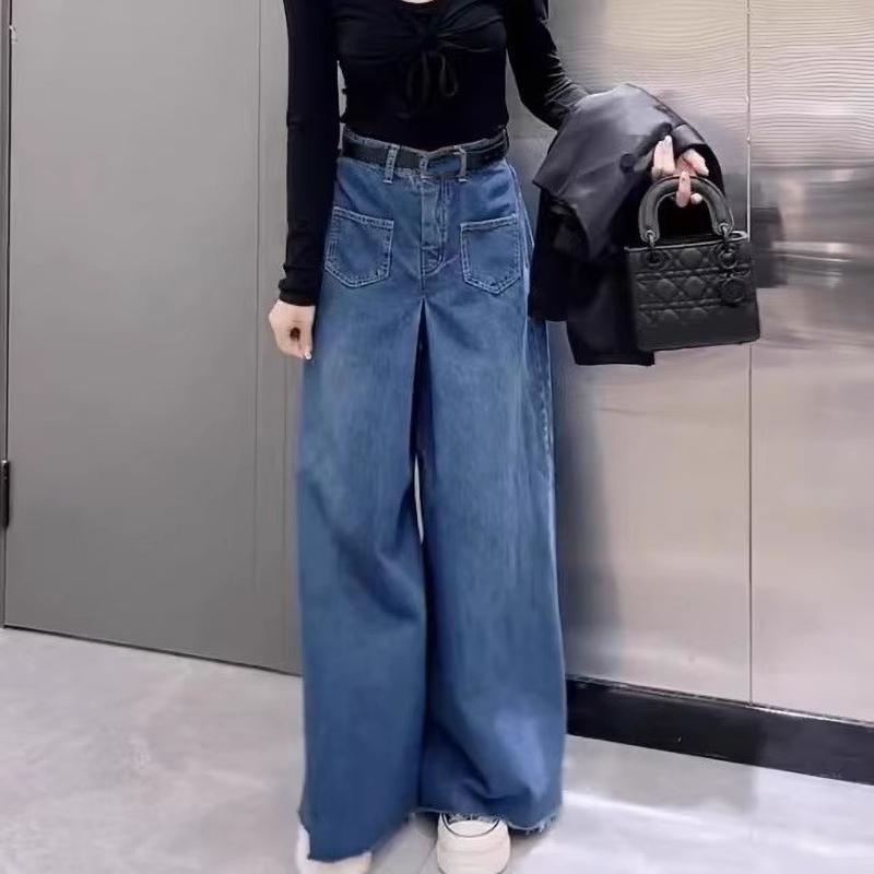 Retro Locker Super Weites Bein Jeans Damen Frühling Rau Culottes Drapierte Bodenlange Hosen Damen Schlicht