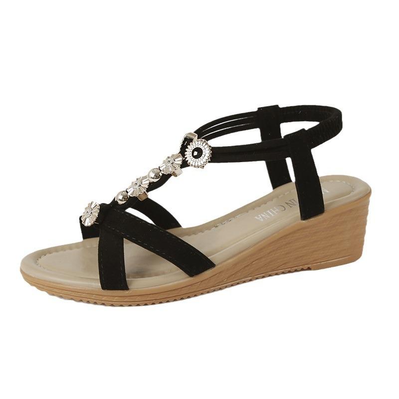 Wedge Heel Sandals Women's Summer New Bohemian Fashion Flat Bottom Low Heel Fashion Style Casual Middle Heel Sandals Women