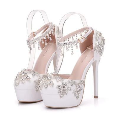 Mode 2025 Damen Sommer Sandalen Weiß Runde Zehenpartie Braut Hochzeit Damen High Heels Kleiderschuhe Strass Knöchelriemen
