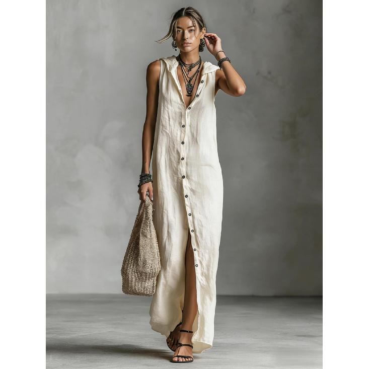 2026 Новое женское повседневное свободное длинное платье без рукавов с однобортными пуговицами и модным капюшоном XS бежевый