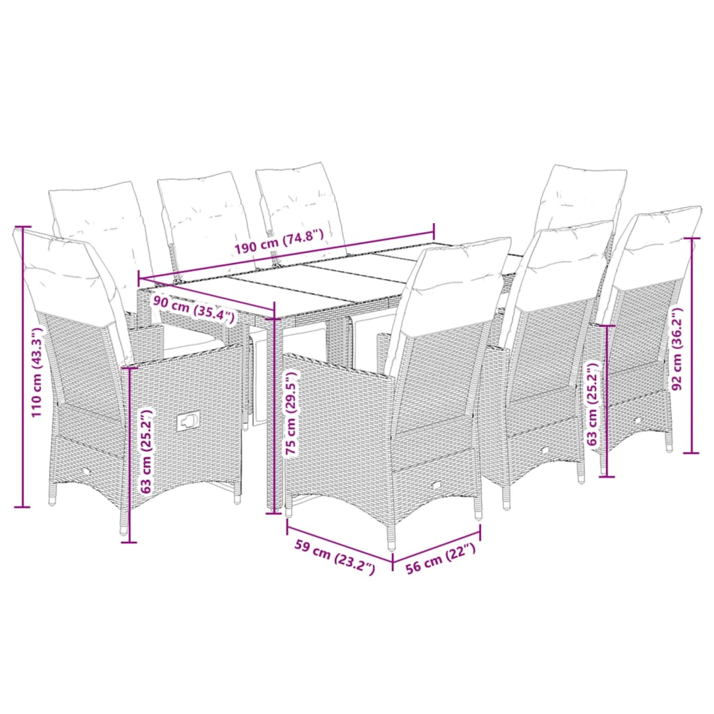 9 Piece Outdoor Dining Set with Cushions Black Poly Rattan