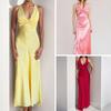 Vestido Maxi de Cetim para Baile de Formatura Feminino, Vestido Formal de Convidados de Casamento e Coquetel com Decote em V, Sem Mangas com Frente Torcida para Festa Noturna