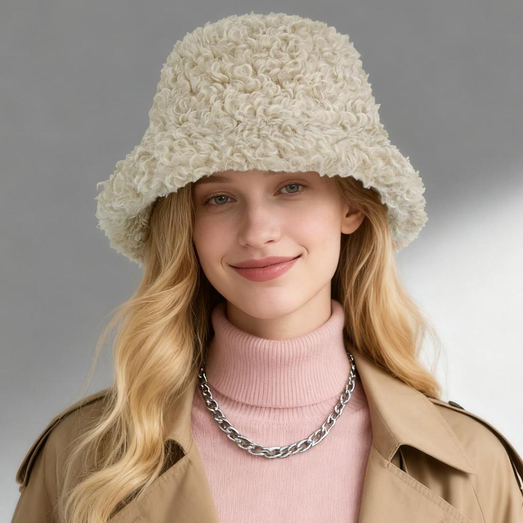 Women's Winter Thickened Faux Shearling Bucket Hat, Fluffy Soft Warm Fisherman Cap, Comfortable Outdoor Hat for Fall & Winter